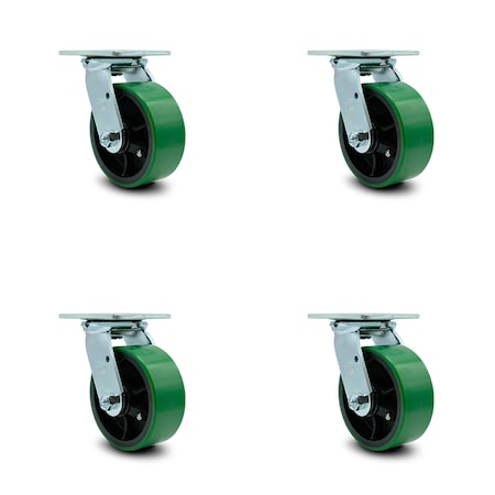 Service Caster 5 Inch Green Poly on Cast Iron Wheel Swivel Caster Set with Ball Bearings SCC SCC-30CS520-PUB-GB-4